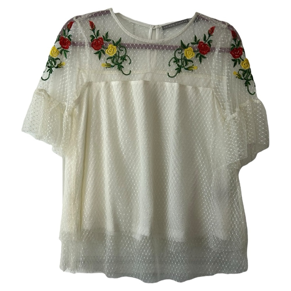 Valerie Stevens Women’s White Lace Short Sleeve Floral Embroidery Top Sz M